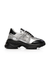 Дамски спортни обувки в сребърна кожа с акцент от черен мачкан лак и сребърен глитер SONYA 17